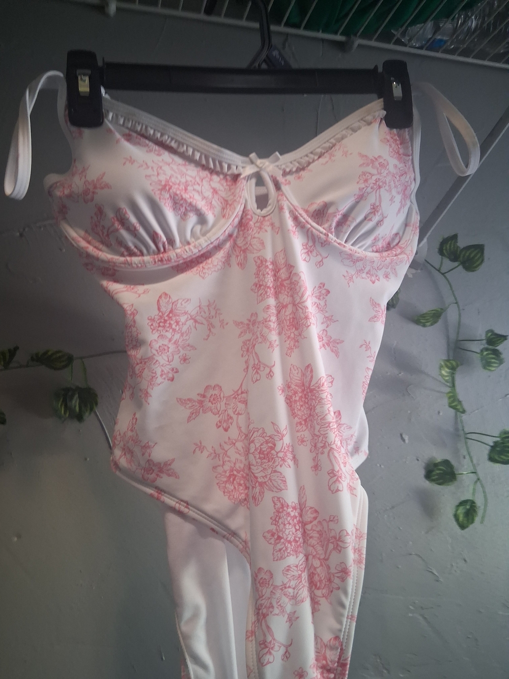 Women’s Pink Floral Lace-Trim One-Piece Bodysuit